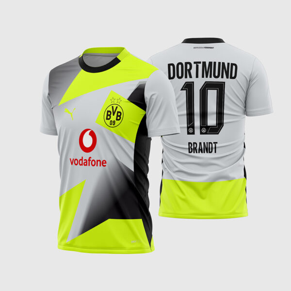 Arte Vetor Camisa Borussia Dortmund Visita 2025 2026 Branca Mangas Pretas Vodafone para Sublimação