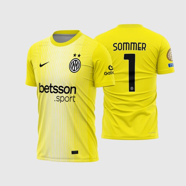 Arte Vetor Camisa Inter de Milão Goleiro 2025 2026 Amarela Listras Verticais Brancas Yann Sommer para Sublimação