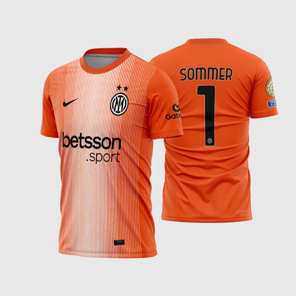 Arte Vetor Camisa Inter de Milão Goleiro II 2025 2026 Laranja Listras Verticais Brancas Yann Sommer para Sublimação