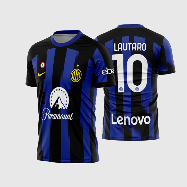 Arte Vetor Camisa Inter de Milão Titular 2023 2024 Listras Mosaico Azul Preto Lautaro para Sublimação