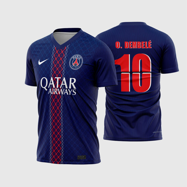 Arte Vetor Camisa Paris Saint Germain PSG Titular Home 2025 2026 Azul Marinho Faixa Vermelha Textura Torre Eiffel para Sublimação