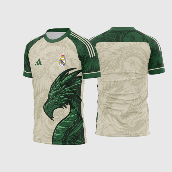 Arte Vetor Camisa Real Madrid Conceito Bege e Verde Estampa Dragão para Sublimação