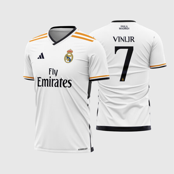 Arte Vetor Camisa Real Madrid Titular 2023 2024 Branca Detalhes Dourados Bellingham para Sublimação