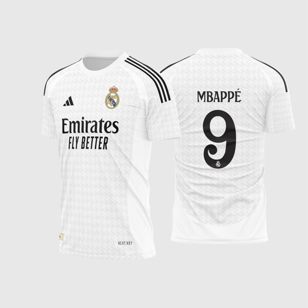Arte Vetor Camisa Real Madrid Titular 2024 2025 Branca Textura Houndstooth Mbappé para Sublimação