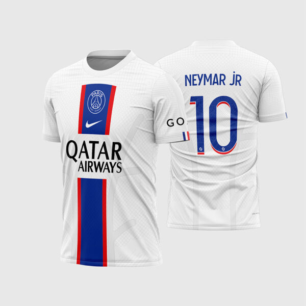 Arte Vetor Terceira Camisa Paris Saint Germain PSG 2022 2023 Branca Faixa Central Azul Escudo Centralizado para Sublimação