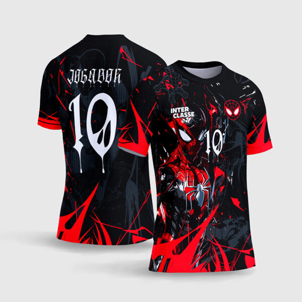 Arte Camisa Interclasse Homem Aranha Modelo 06 Ilustração Abstrata Grunge Vermelha e Preta Fonte Gótica Sublimação Total CorelDRAW