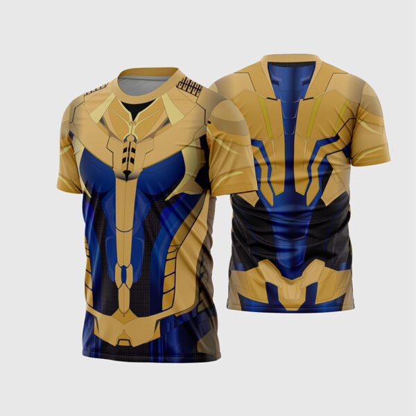 Arte Estampa Vetor Camisa Heróis Thanos Armadura Dourada Azul e Preto Blindagem Tática Sublimação Total CorelDRAW