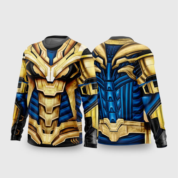 Arte Estampa Vetor Camisa Heróis Thanos Modelo 02 Manga Longa Armadura Dourada e Azul Blindagem Tática Sublimação Total CorelDRAW