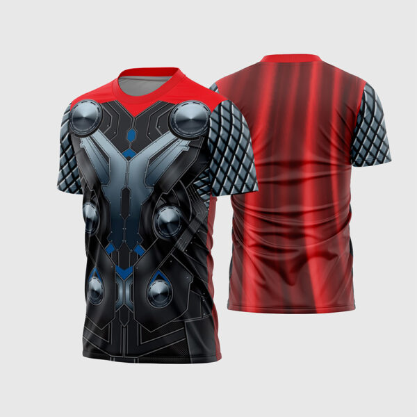 Arte Estampa Vetor Camisa Heróis Thor Armadura Asgardiana Capa Vermelha Prata e Preto Sublimação Total CorelDRAW