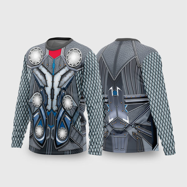 Arte Estampa Vetor Camisa Heróis Thor Modelo 04 Manga Longa Armadura Cinza Prata Malha de Escamas Sublimação Total CorelDRAW