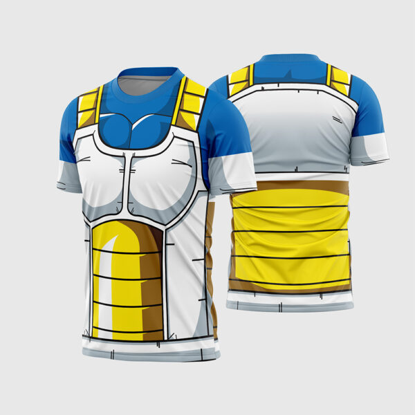 Arte Estampa Vetor Camisa Heróis Vegeta Dragon Ball Armadura Saiyajin Azul Amarela Branca Sublimação Total CorelDRAW