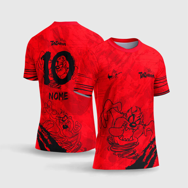 Arte Vetor Camisa Interclasse Taz Mania Looney Tunes 2026 Raios Vermelhos Fundo Preto Sublimação Total CorelDRAW