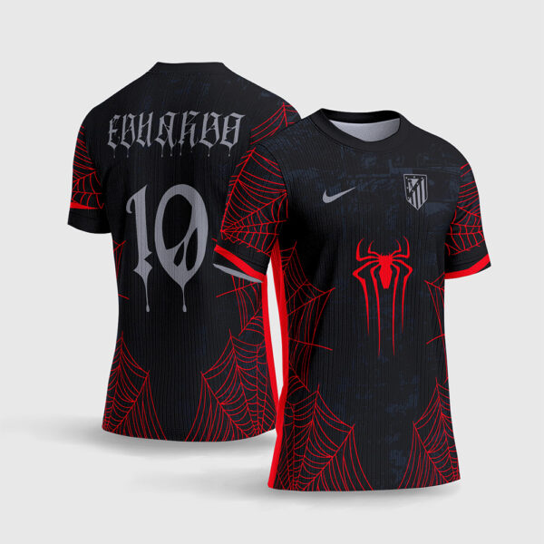 Arte Vetor Camisa Interclasse Homem Aranha Atlético de Madrid 2026 Preto e Vermelho Teias Estilo Europeu Sublimação Total CorelDRAW