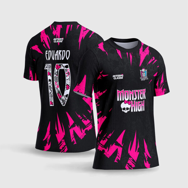 Arte Vetor Camisa Interclasse Monster High Rosa Choque e Preto Textura Grunge Número Personalizado Sublimação Total CorelDRAW