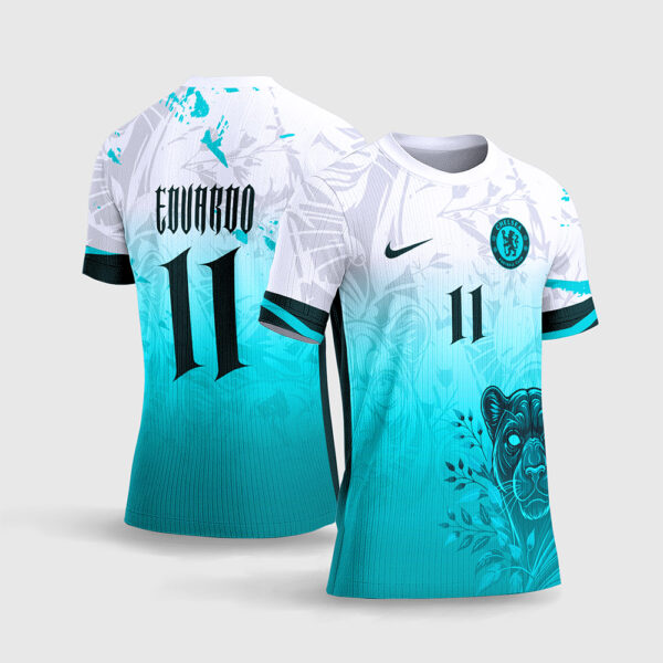 Arte Vetor Camisa Interclasse Pantera Chelsea 2026 Azul e Branco Estilo Futebol Europeu Sublimação Total CorelDRAW