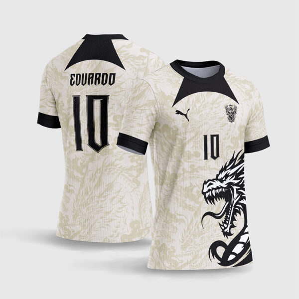 Arte Vetor Camisa Interclasse Dragão Bege Creme Detalhes Pretos Marca d'Água Oriental Textura de Luxo Sublimação Total CorelDRAW