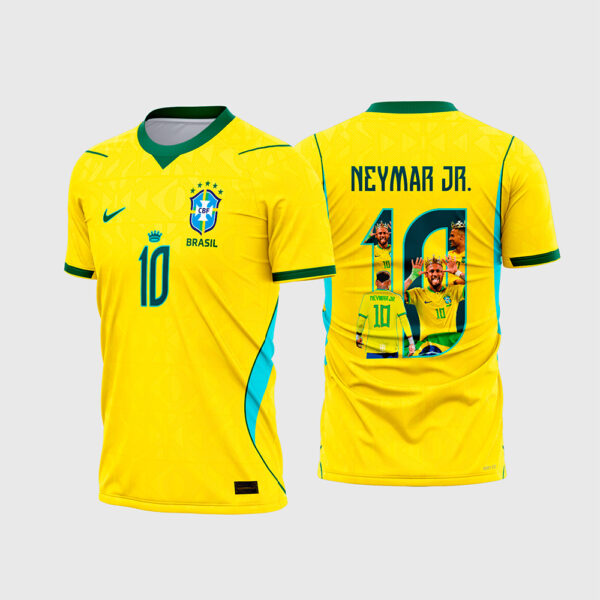 Arte Camisa Brasil Titular 2026-28 Neymar 10 Amarela.jpg apresenta o mockup do fardamento titular da Seleção Brasileira na cor amarelo ouro com texturas geométricas em marca d'água, gola verde, recortes laterais azuis, número 10 frontal com coroa, e numeração traseira preenchida com fotomontagens do Neymar Jr em sublimação total CorelDRAW.