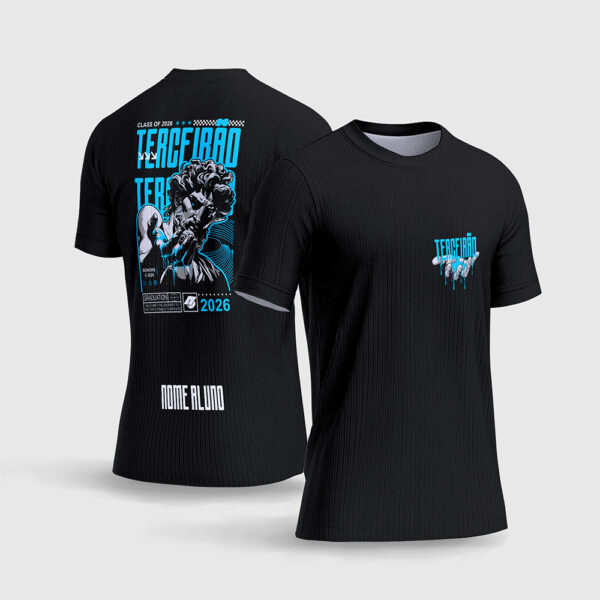 Arte Vetor Camisa Terceirão Estátua Líquido Azul.jpg apresenta o mockup de um fardamento escolar na cor preta com ilustração de uma estátua clássica envolta em efeitos de mercúrio líquido azul ciano, texturas geométricas de linhas táticas em marca d'água de alta performance, e numeração esportiva contornada nas costas em sublimação total CorelDRAW.