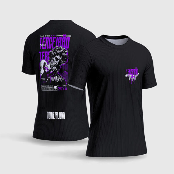 Arte Vetor Camisa Terceirão Estátua Líquido Púrpura.jpg apresenta o mockup de um fardamento escolar na cor preta com estampa frontal minimalista no peito e ilustração traseira gigante de uma estátua clássica envolta em efeitos de mercúrio líquido roxo e púrpura ciano, texturas geométricas de linhas táticas de alta performance, e nome do aluno personalizado nas costas em sublimação total CorelDRAW.