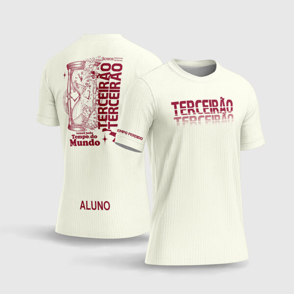 Arte Vetor Camisa Terceirão Tempo Perdido.jpg apresenta o mockup de um fardamento escolar na cor preta com ilustração frontal de uma ampulheta medieval, engrenagens industriais, correntes e a frase Tempo Perdido em tipografia estilizada, com fundo texturizado de linhas táticas de alta performance e nome do aluno personalizado nas costas em sublimação total CorelDRAW.