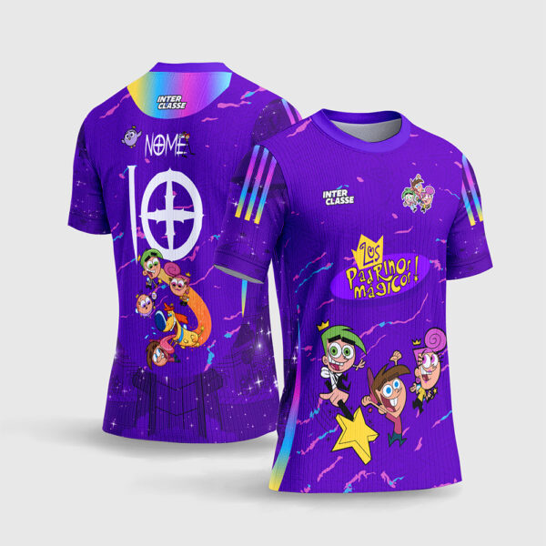 Arte Vetor Camisa de Interclasse Os Padrinhos Mágicos.jpg apresenta o mockup de um fardamento escolar preto com ilustrações dos personagens Cosmo e Wanda, texturas grunge de respingos de tinta, detalhes assimétricos em verde limão e rosa choque neon, estrelas brilhantes e numeração contornada em sublimação total CorelDRAW.