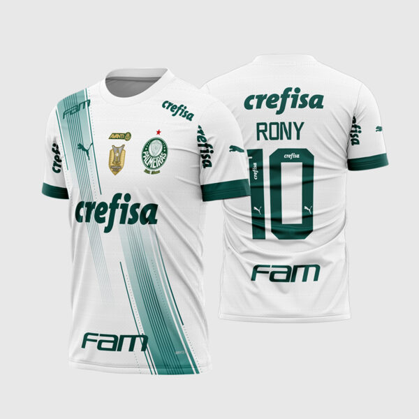 Arte Vetor Camisa do Palmeiras Reserva 2023.jpg apresenta o mockup do fardamento reserva do Palmeiras na cor branca com faixas dinâmicas de linhas em tons de verde na lateral direita, escudo oficial do clube, marcas dos patrocinadores e numeração esportiva vazada com o nome Rony nas costas em sublimação total CorelDRAW.
