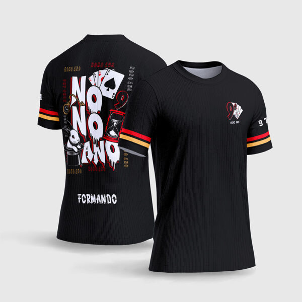 Arte Vetor Exclusiva Nono Ano Coelho com Cartola 2026.jpg apresenta o mockup de um fardamento escolar de formatura na cor preta com estampa frontal minimalista do número 9 e cartas, e um grande grafismo traseiro no estilo streetwear grunge combinando texto Nono Ano com efeito de tinta escorrendo, coelho na cartola, cartas de baralho, relógio de bolso e ampulheta em sublimação total CorelDRAW.