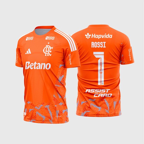 Arte Camisa Flamengo Goleiro 2026 - 2027.jpg apresenta o mockup do uniforme de goleiro do Flamengo na cor laranja com grafismos geométricos e topográficos, monograma CRF, patrocínios Betano, Hapvida, Assist Card e layout traseiro com o número 1 e nome Rossi para sublimação total CorelDRAW.