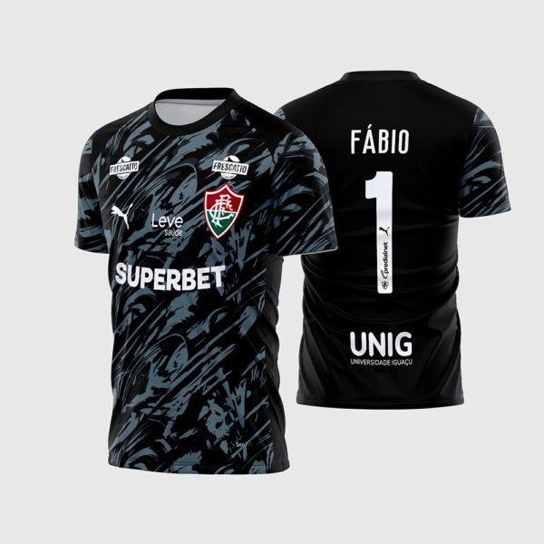 Arte Camisa Fluminense Goleiro 2026 - 2027.jpg apresenta o mockup do uniforme de goleiro do Fluminense com texturas esportivas modernas de alta definição, escudo clássico tricolor e layout traseiro oficial com o número 1 e nome Fábio para sublimação total CorelDRAW.