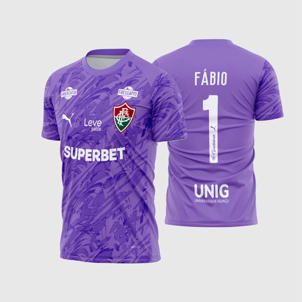Arte Camisa Fluminense Goleiro 2026 - 2027.jpg apresenta o mockup do uniforme de goleiro do Fluminense com texturas esportivas modernas de alta definição, escudo clássico tricolor e layout traseiro oficial com o número 1 e nome Fábio para sublimação total CorelDRAW.