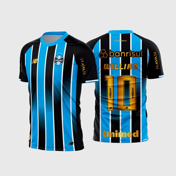 Arte Camisa Grêmio Titular 2026 - 2027.jpg apresenta o mockup do uniforme titular do Grêmio na cor azul celeste, preta e branca com listras verticais tradicionais, mangas pretas, patrocínios Banrisul, Unimed e Havan em dourado, e layout traseiro oficial com o número 10 e nome Willian para sublimação total CorelDRAW.