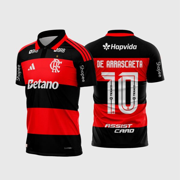Arte Camisa do Flamengo Titular 2026 - 2027.jpg apresenta o mockup do uniforme titular do Flamengo na cor vermelha e preta com listras horizontais tradicionais, gola polo, monograma CRF, patrocínios Betano, Hapvida, Assist Card e layout traseiro oficial com o número 10 e nome De Arrascaeta para sublimação total CorelDRAW.