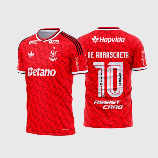 Arte Estampa Vetor Camisa do Flamengo Terceira 2026 - 2027.jpg apresenta o mockup do terceiro uniforme do Flamengo na cor vermelha com monograma náutico em marca d'água, logo clássico trevo, patrocínios Betano, Hapvida, Assist Card e layout traseiro oficial com o número 10 e nome De Arrascaeta para sublimação total CorelDRAW.