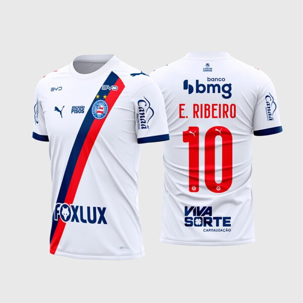 Arte Vetor Camisa Bahia Titular 2026 - 2027.jpg apresenta o mockup do uniforme titular do Bahia na cor branca com faixa transversal azul e vermelha, patrocínios Foxlux, BMG e Viva Sorte, e layout traseiro oficial com o número 10 e nome E. Ribeiro para sublimação total CorelDRAW.