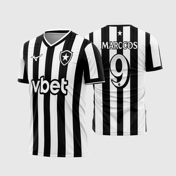 Arte Vetor Camisa Botafogo Titular 2026 - 2027.jpg apresenta o mockup do uniforme titular do Botafogo na cor preta e branca com listras verticais tradicionais, escudo da Estrela Solitária, patrocínio Vbet, gola V e layout traseiro oficial com o número 9 e nome Marccos para sublimação total CorelDRAW.