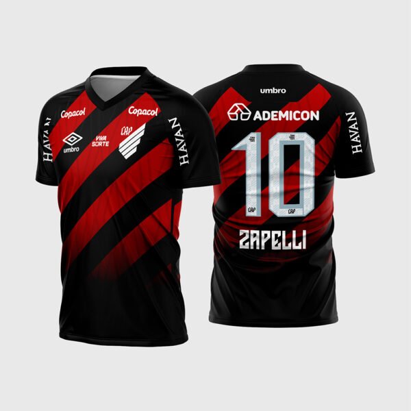 Arte Vetor Camisa Club Athletico Paranaense Titular 2026 - 2027.jpg apresenta o mockup do uniforme titular do Athletico Paranaense na cor preta com quatro faixas diagonais vermelhas, patrocínios Ademicon, Copacol e Havan, e layout traseiro com o número 10 e nome Zapelli para sublimação total CorelDRAW.