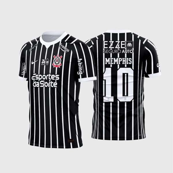 Arte Vetor Camisa Corinthians Reserva 2026 - 2027 apresenta o mockup do uniforme reserva do Corinthians na cor preta com listras verticais brancas, patrocínio Esportes da Sorte, gola branca e layout traseiro oficial Memphis número 10 para sublimação total CorelDRAW.