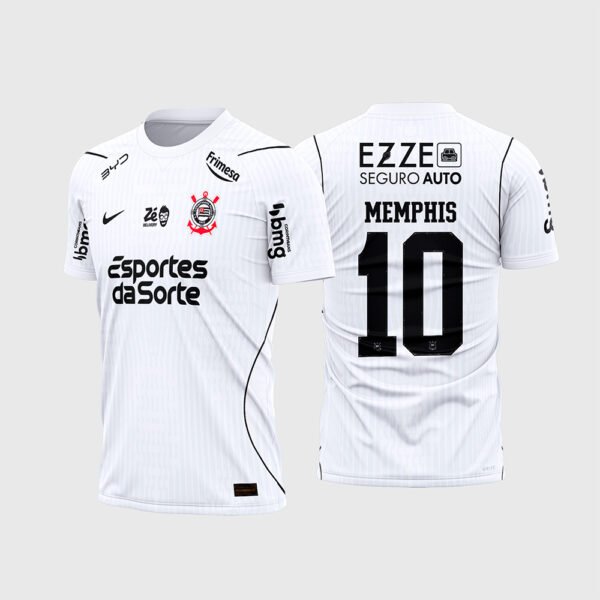 Arte Vetor Camisa Corinthians Titular 2026 - 2027.jpg apresenta o mockup do uniforme titular do Corinthians na cor branca com linhas verticais em marca d'água, patrocínios Esportes da Sorte e Ezze Seguros, e layout traseiro oficial com o número 10 e nome Memphis para sublimação total CorelDRAW.