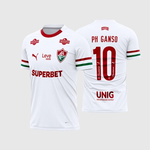 Arte Vetor Camisa Fluminense Reserva 2026 - 2027.jpg apresenta o mockup do uniforme reserva do Fluminense na cor branca com gola grená, punhos tricolores em grená e verde, patrocínios Superbet, Frescatto e UNIG, e layout traseiro oficial com o número 10 e nome PH Ganso para sublimação total CorelDRAW.