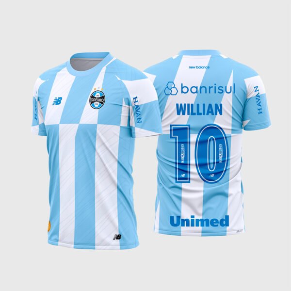 Arte Vetor Camisa Grêmio Reserva 2026 - 2027.jpg apresenta o mockup do uniforme reserva do Grêmio na cor azul celeste e branca com grafismos geométricos e listras angulares, patrocínios Banrisul, Unimed, Havan e layout traseiro oficial com o número 10 e nome Willian para sublimação total CorelDRAW.