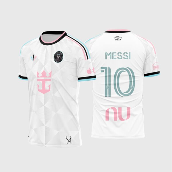 Arte Vetor Camisa Inter Miami 2026 - 2027.jpg apresenta o mockup do uniforme de futebol do Inter Miami na cor branca com textura geométrica poligonal, patrocínio Royal Caribbean em rosa flamingo, gola preta e rosa, e layout traseiro oficial do Messi número 10 em azul menta para sublimação total CorelDRAW.
