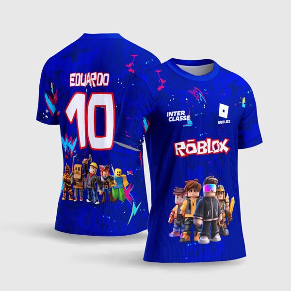 Arte Vetor Camisa Interclasse Roblox.jpg apresenta o mockup de um fardamento esportivo de interclasse na cor azul royal com respingos de tinta neon, logotipo do Roblox, estampa frontal e traseira com avatares 3D do jogo, e layout traseiro com o número 10 e nome Eduardo em sublimação total CorelDRAW.