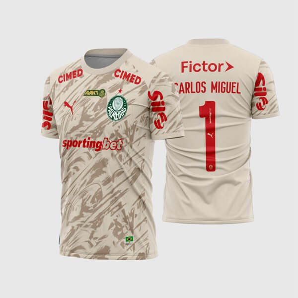 Arte Vetor Camisa Palmeiras Goleiro 2026 - 2027.jpg apresenta o mockup do uniforme de goleiro do Palmeiras na cor areia com textura de pinceladas dinâmicas, escudo oficial do Verdão, patrocínios Sportingbet, Fictor e Cimed em vermelho, e layout traseiro com o número 1 e nome Carlos Miguel para sublimação total CorelDRAW.