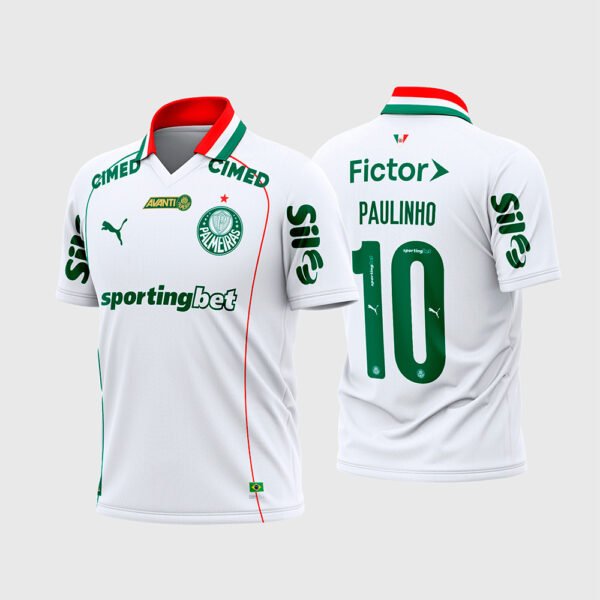 Arte Vetor Camisa Palmeiras Reserva 2026 - 2027.jpg apresenta o mockup do uniforme reserva do Palmeiras na cor branca com gola polo tricolor nas cores verde, branco e vermelho, escudo oficial do Verdão, patrocínios Sportingbet, Fictor e Cimed, e layout traseiro oficial com o número 10 e nome Paulinho para sublimação total CorelDRAW.