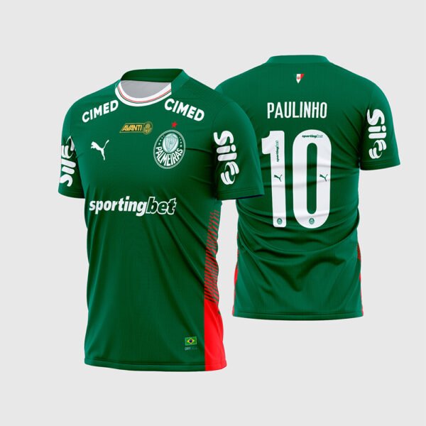 Arte Vetor Camisa Palmeiras Titular 2026 - 2027.jpg apresenta o mockup do uniforme titular do Palmeiras na cor verde esmeralda com gola tricolor italiana, detalhes laterais em vermelho, patrocínios Sportingbet, Cimed e Sil, e layout traseiro oficial com o número 10 e nome Paulinho para sublimação total CorelDRAW.