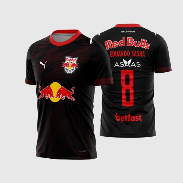 Arte Vetor Camisa Red Bull Bragantino Reserva 2026 - 2027.jpg apresenta o mockup do uniforme reserva do Red Bull Bragantino na cor preta com estampa clássica dos touros vermelhos, escudo oficial do clube, patrocínios Asaas e Betfast, e layout traseiro oficial com o número 8 e nome Eduardo Sasha para sublimação total CorelDRAW.