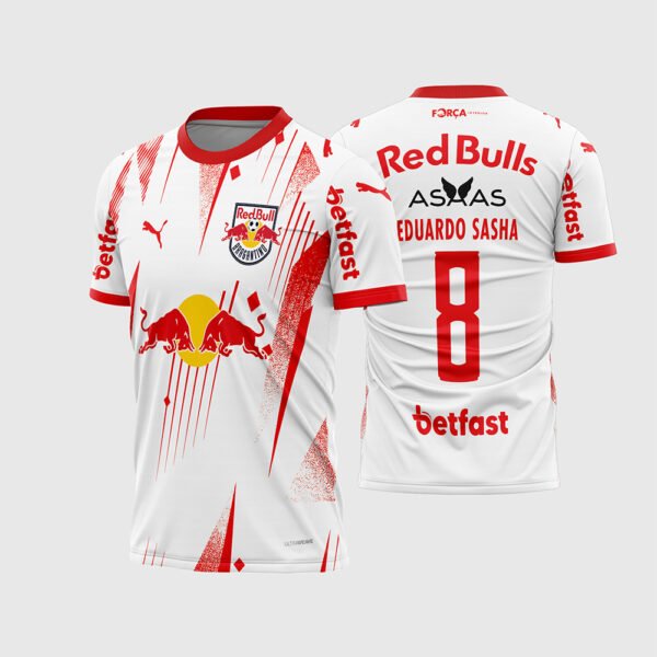 Arte Vetor Camisa Red Bull Bragantino Titular 2026 - 2027.jpg apresenta o mockup do uniforme titular do Red Bull Bragantino na cor branca com grafismos geométricos e linhas diagonais vermelhas, touros em confronto, patrocínios Asaas e Betfast, e layout traseiro oficial com o número 8 e nome Eduardo Sasha para sublimação total CorelDRAW.