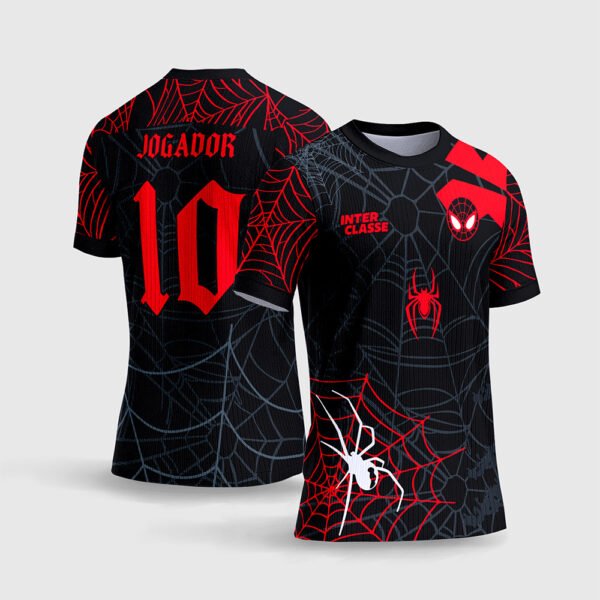 Arte Camisa Interclasse Homem Aranha.jpg apresenta o mockup do fardamento escolar de interclasse temático do Homem Aranha na cor preta e vermelha com teias tridimensionais, ilustração de aranha branca, logotipo Interclasse e layout traseiro oficial com o número 10 e nome Jogador para sublimação total CorelDRAW.