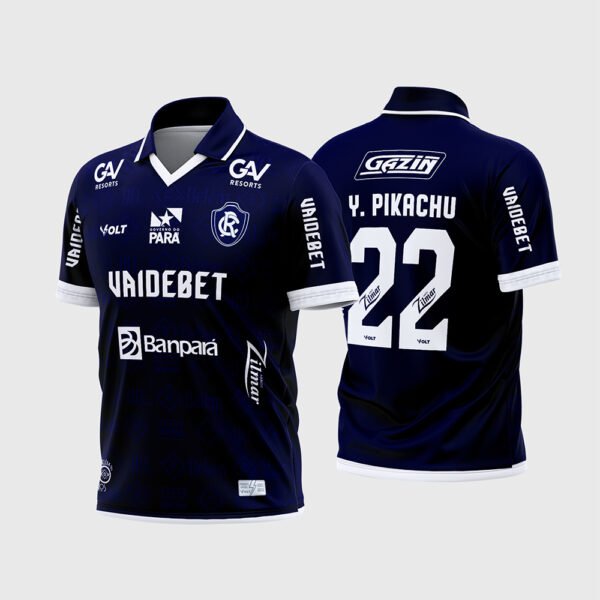 Arte Camisa Remo Titular 2026 - 2027.jpg apresenta o mockup do uniforme titular do Clube do Remo na cor azul-marinho com gola polo detalhada em branco, patrocínios Vaidebet, Banpará, Gazin e layout traseiro oficial com o número 22 e nome Y. Pikachu para sublimação total CorelDRAW.