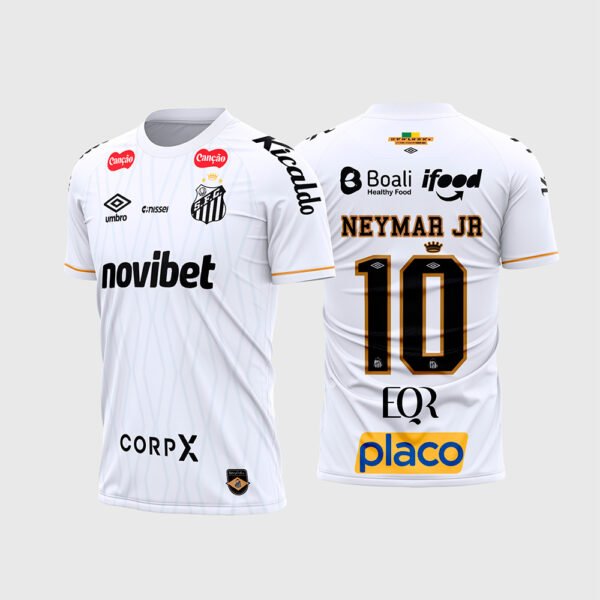 Arte Camisa Santos Titular 2026 - 2027.jpg apresenta o mockup do uniforme titular do Santos FC na cor branca com detalhes em dourado, coroa sobre o escudo, patrocínios Novibet, Boali, iFood, Placo e layout traseiro oficial com o número 10 e nome Neymar Jr para sublimação total CorelDRAW.